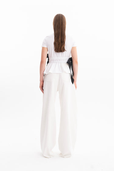 WHITE GATHERED CAP SLEEVE T-SHIRT WITH BLACK BOWS marques almeida