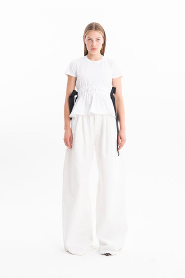 WHITE GATHERED CAP SLEEVE T-SHIRT WITH BLACK BOWS marques almeida