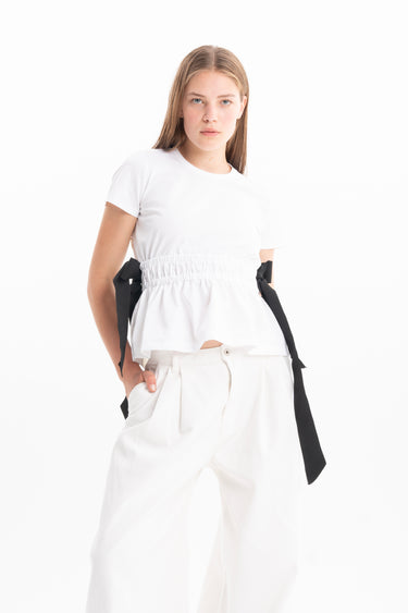 WHITE GATHERED CAP SLEEVE T-SHIRT WITH BLACK BOWS marques almeida