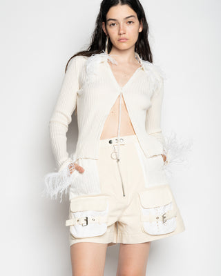 WHITE MERINO WOOL FITTED CARDIGAN WITH FEATHERS MARQUES ALMEIDA