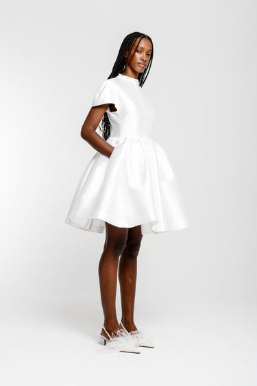 WHITE SHORT SLEEVE PUFF SKIRT DRESS