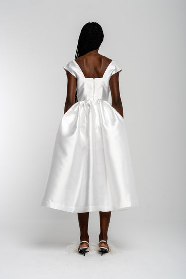 WHITE V NECK CINCHED PLEATED MIDI DRESS marques almeida