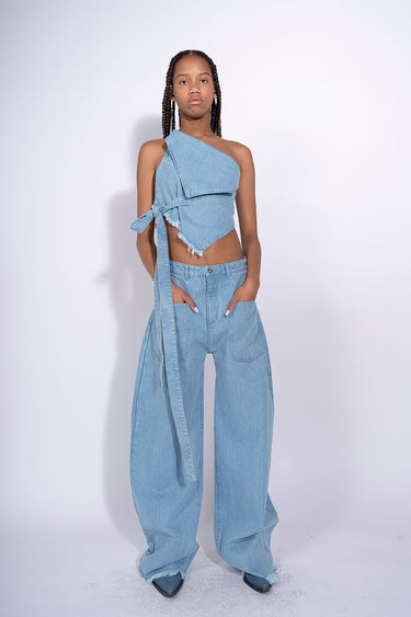 BLUE DENIM PATCH POCKET BOYFRIEND TROUSERS marques almeida