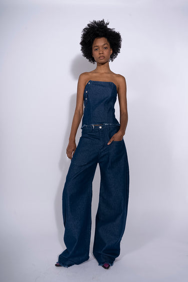 NAVY DENIM PATCH POCKET BOYFRIEND TROUSERS marques almeida