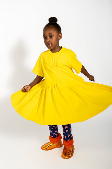 YELLOW GATHERED JERSEY T-SHIRT DRESS ma kids