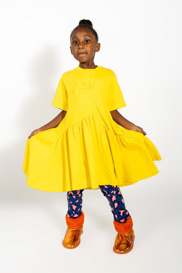 YELLOW GATHERED JERSEY T-SHIRT DRESS ma kids